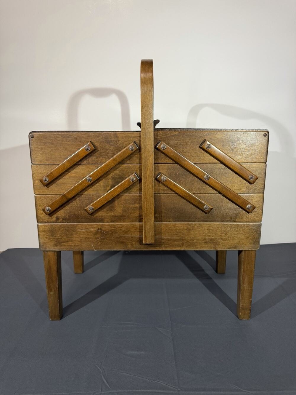 VTG Strommen Bruk Hamar Norway Mid Century Modern Accordion Wood Sewing Box FULL